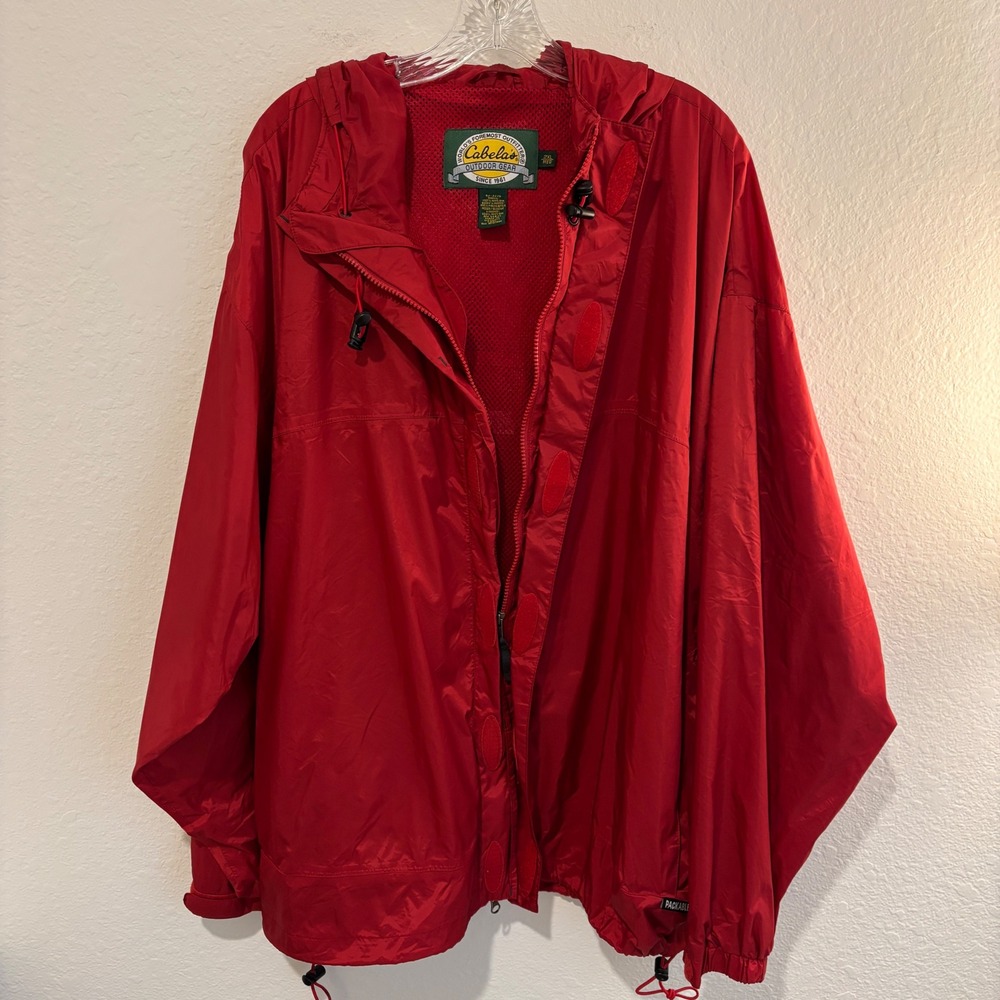 Cabelas Hooded Windbreaker Jacket Mens 2XL Red Packable Mesh Lined Outdoor Gear